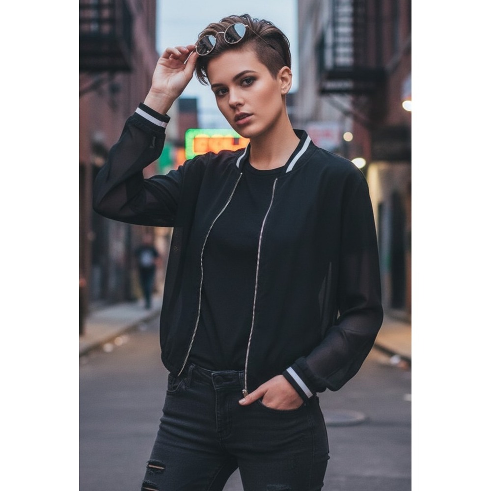 Divided H&M Bomber Jacket 12 Black Sheer Zip Boho Edgy Casual Grunge Punk Gothic